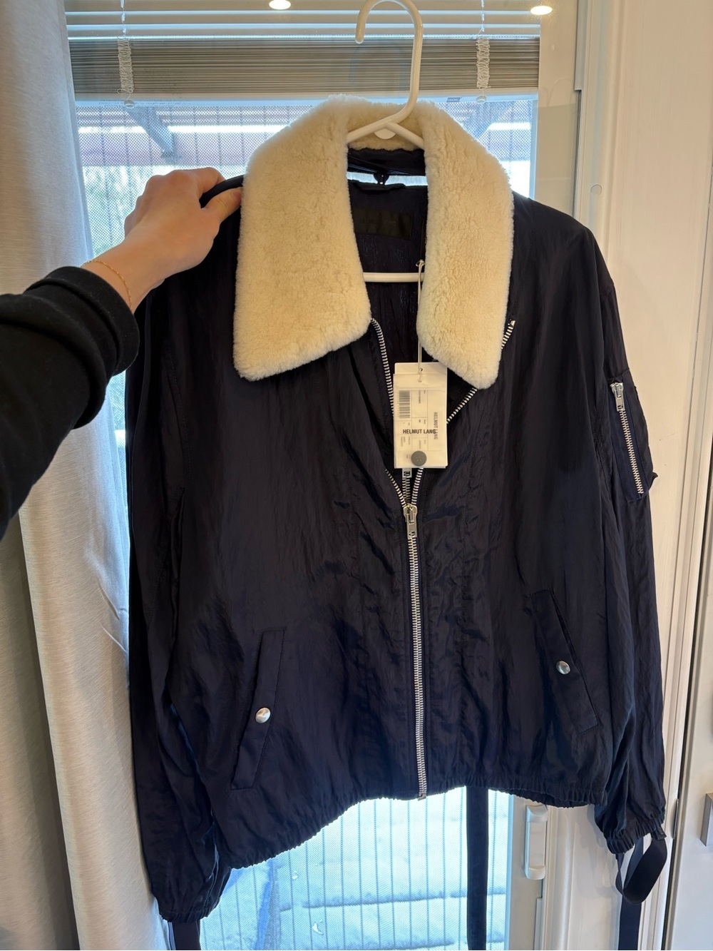 Helmut Lang Navy Bomber Jacket with Cream Shearling Collar